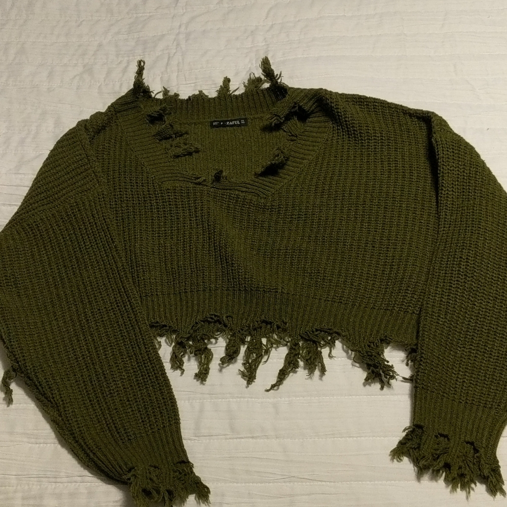 Green, distressed crop top sweater